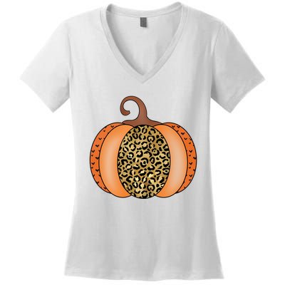Leopard Pumpkin Fall Holiday Women's V-Neck T-Shirt