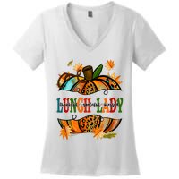 Leopard Pumpkin Fall Autumn Thanksgiving Lunch Lady Women's V-Neck T-Shirt