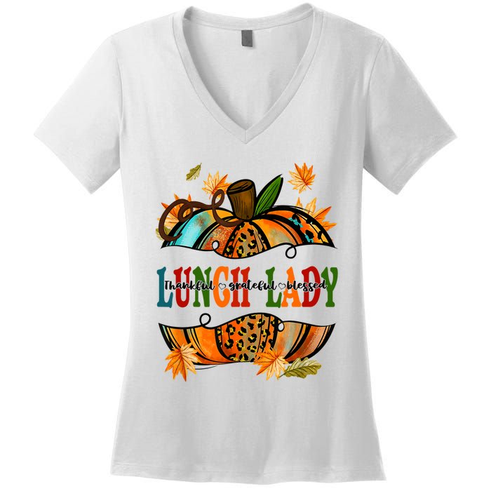 Leopard Pumpkin Fall Autumn Thanksgiving Lunch Lady Women's V-Neck T-Shirt