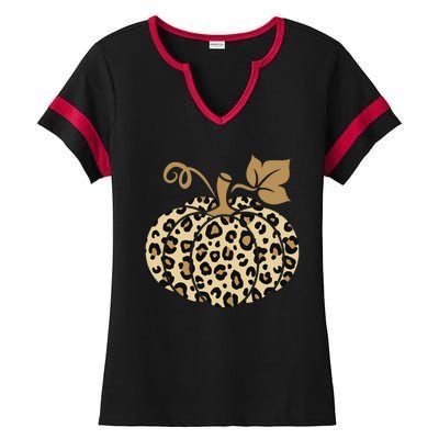 Leopard Pumpkin Fall Ladies Halftime Notch Neck Tee