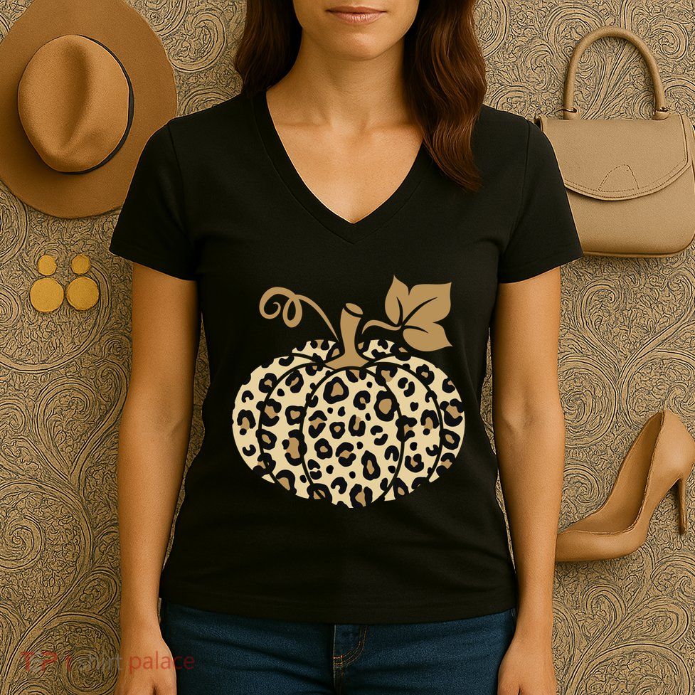 Leopard Pumpkin Fall Women's V-Neck T-Shirt