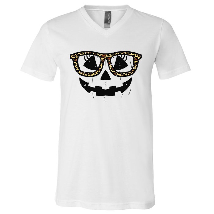 Leopard Pumpkin Face Halloween Women Girl V-Neck T-Shirt