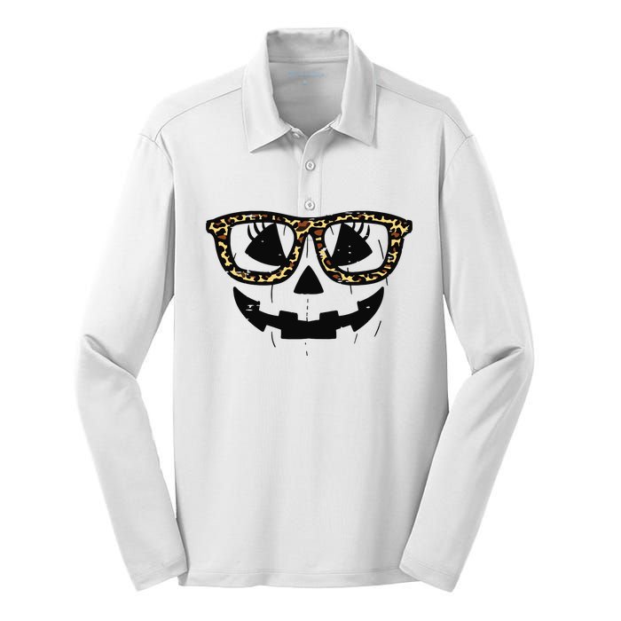 Leopard Pumpkin Face Halloween Women Girl Silk Touch Performance Long Sleeve Polo