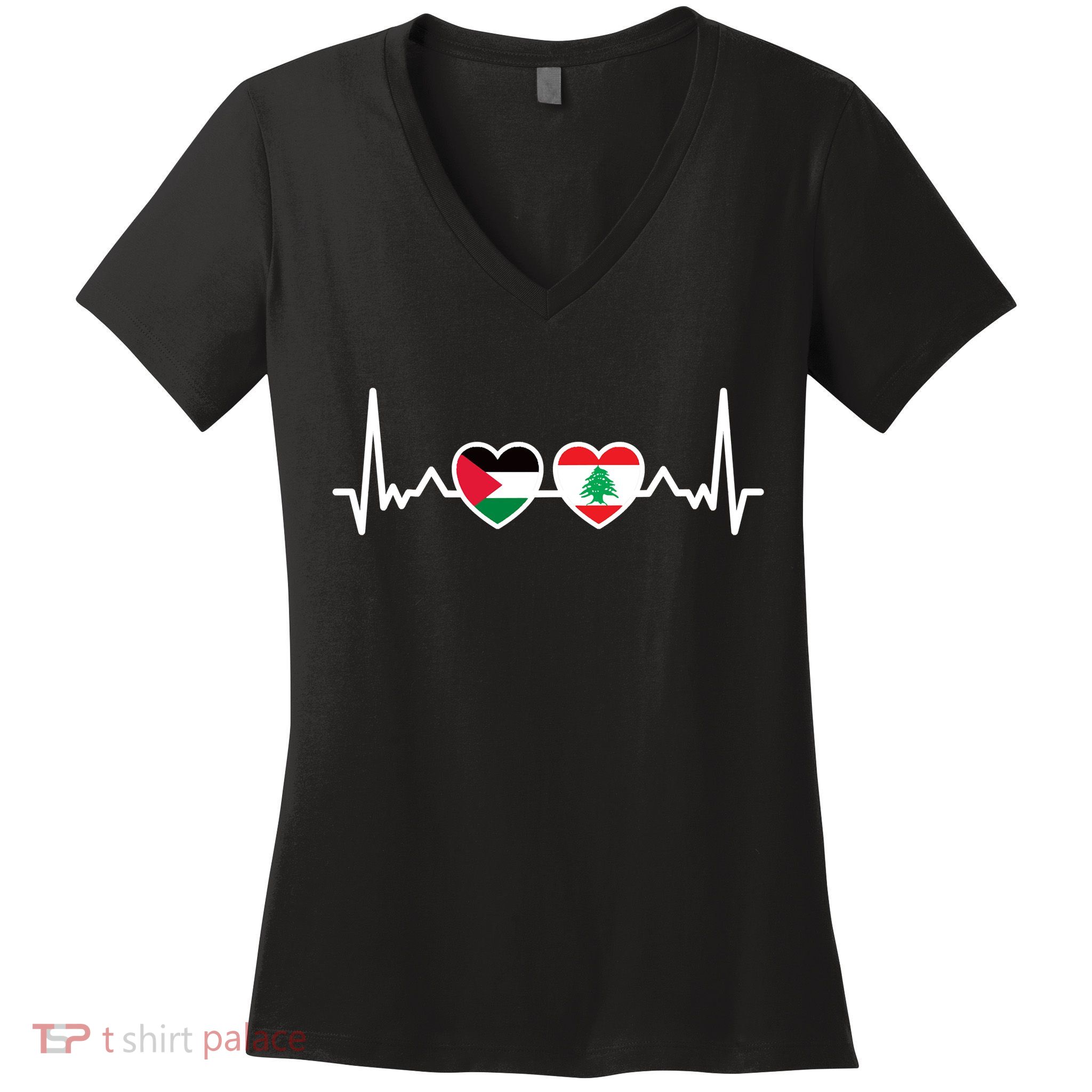 Lebanon Palestine Flag Lebanese Palestinian Unity Heartbeat Women's V-Neck T-Shirt