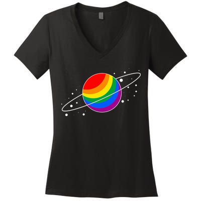 LGBT Pride Flag Saturn Planet Gift Women's V-Neck T-Shirt