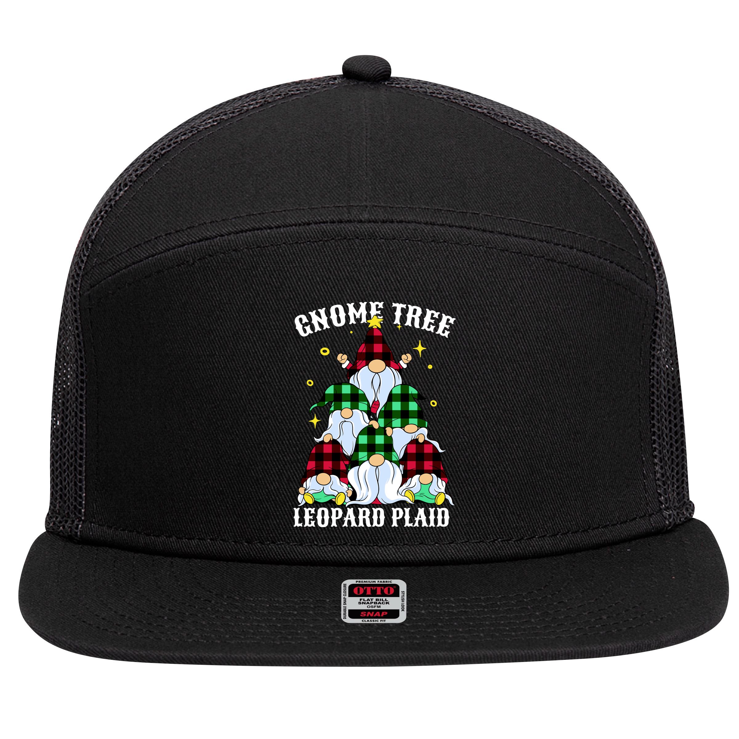 Leopard Plaid Gnome Christmas Tree 7 Panel Mesh Trucker Snapback Hat