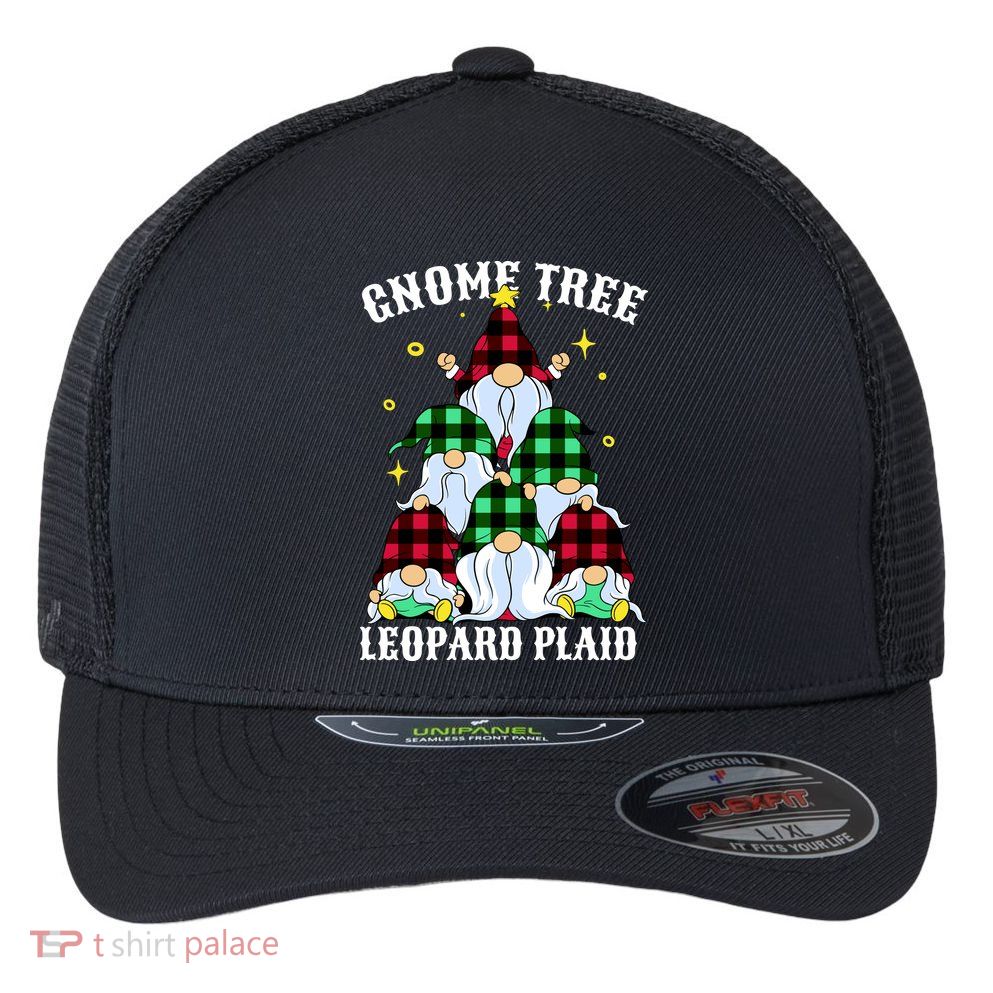 Leopard Plaid Gnome Christmas Tree Flexfit Unipanel Trucker Cap