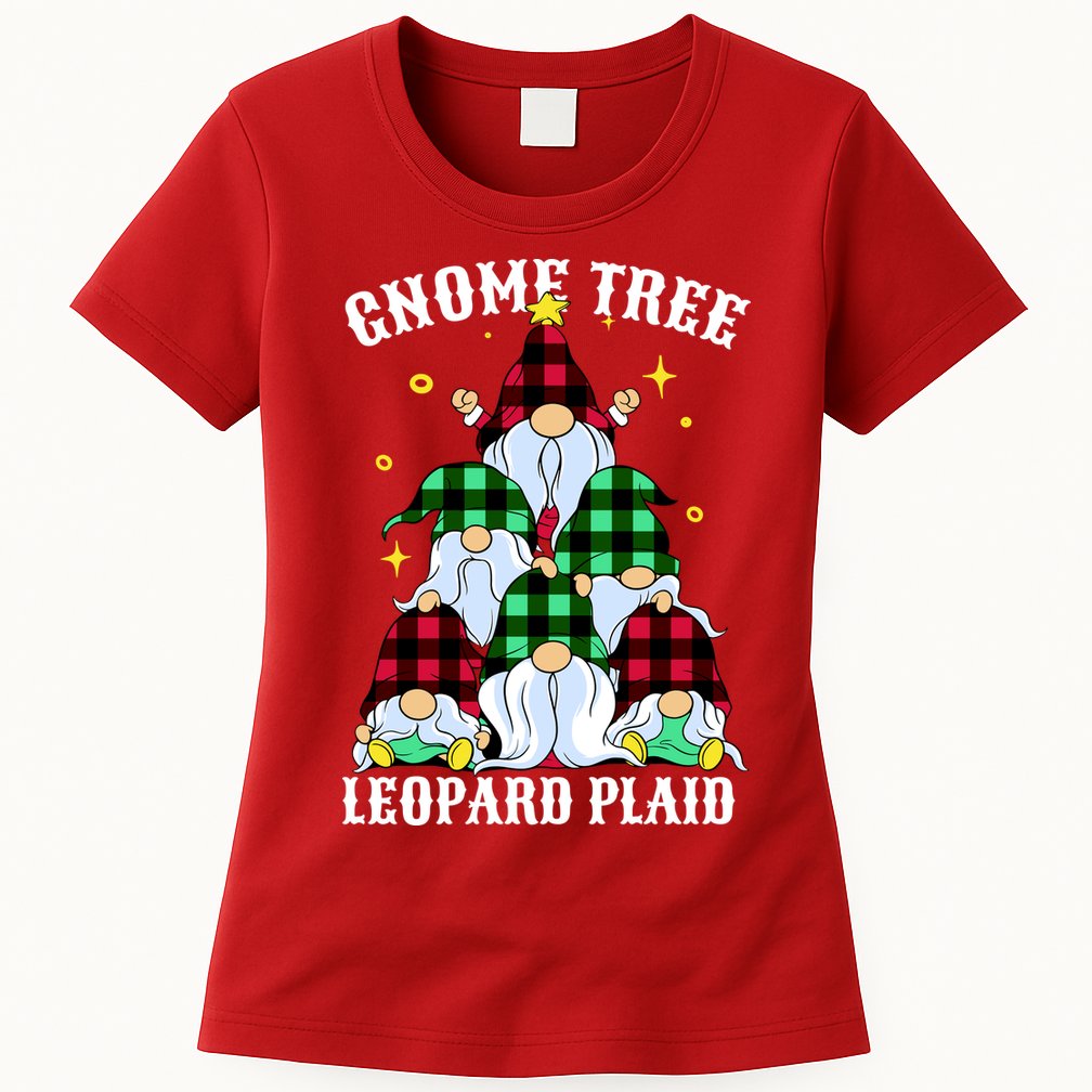 Leopard Plaid Gnome Christmas Tree Womens T-Shirt