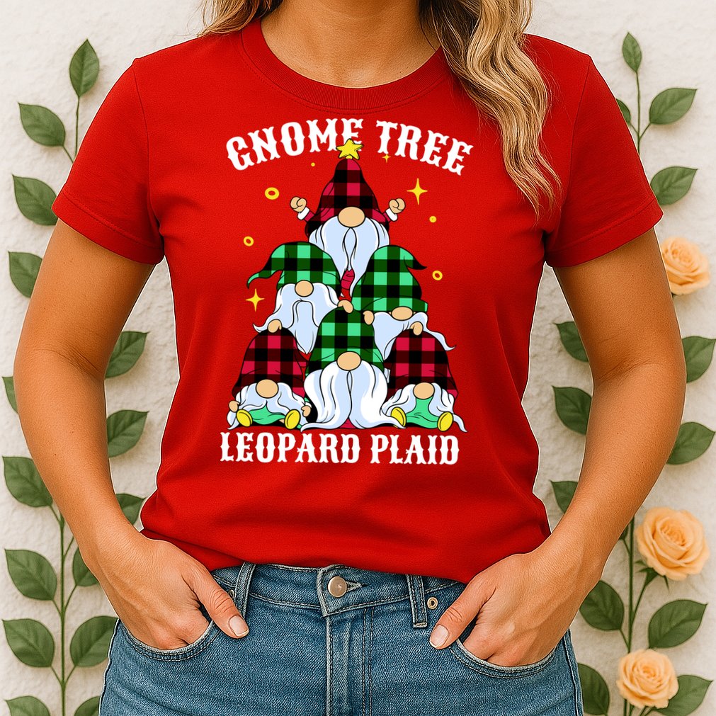 Leopard Plaid Gnome Christmas Tree Womens T-Shirt