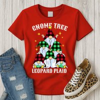 Leopard Plaid Gnome Christmas Tree Womens T-Shirt