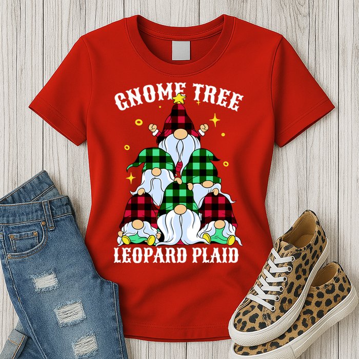 Leopard Plaid Gnome Christmas Tree Womens T-Shirt