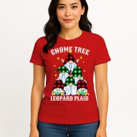 Leopard Plaid Gnome Christmas Tree Womens T-Shirt