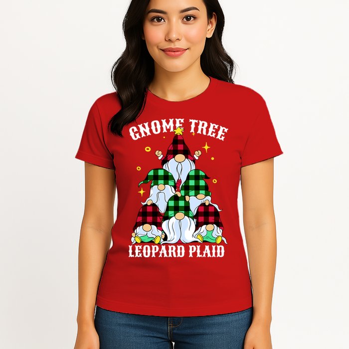 Leopard Plaid Gnome Christmas Tree Womens T-Shirt