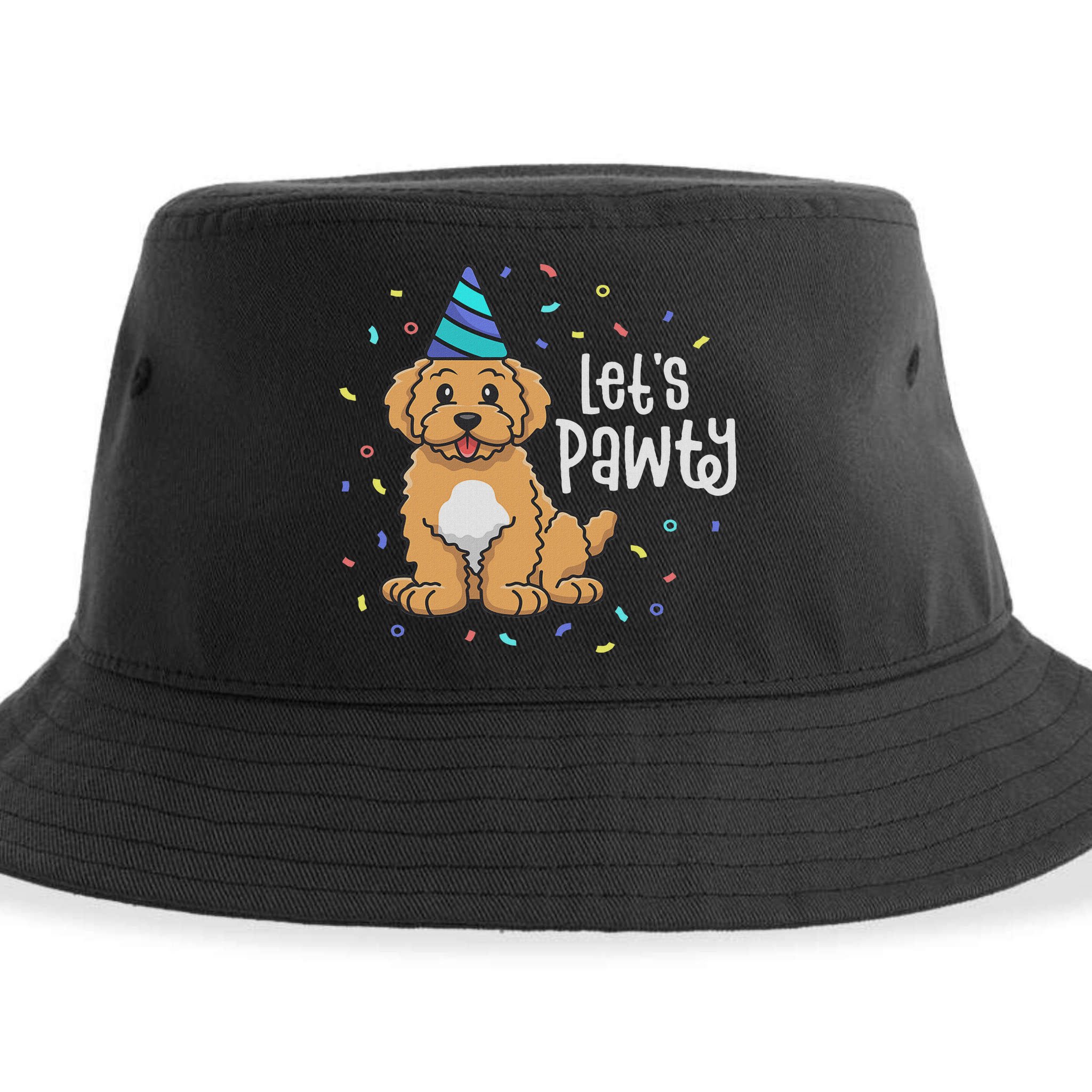 Lets Pawty Goldendoodle Dog Themed Birthday Party Outfit Sustainable Bucket Hat