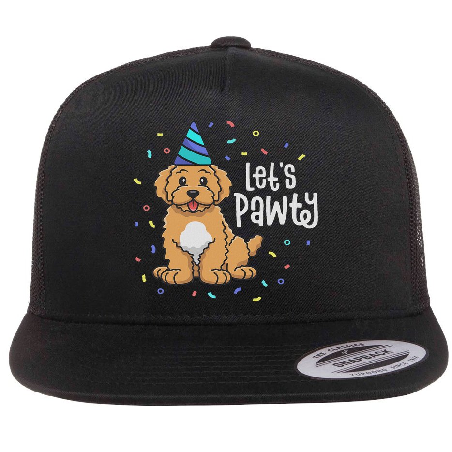 Lets Pawty Goldendoodle Dog Themed Birthday Party Outfit Flat Bill Trucker Hat