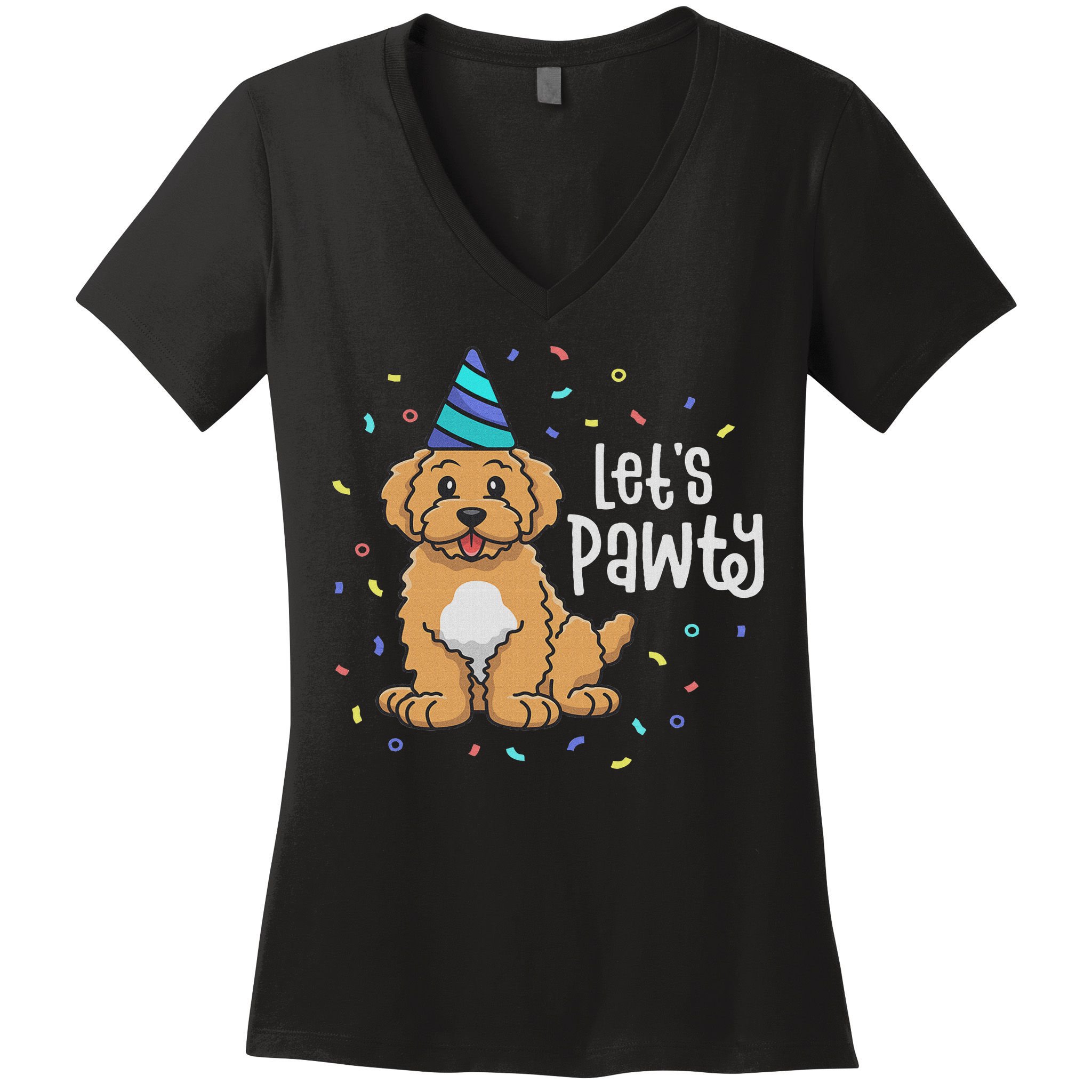 Lets Pawty Goldendoodle Dog Themed Birthday Party Outfit Women's V-Neck T-Shirt