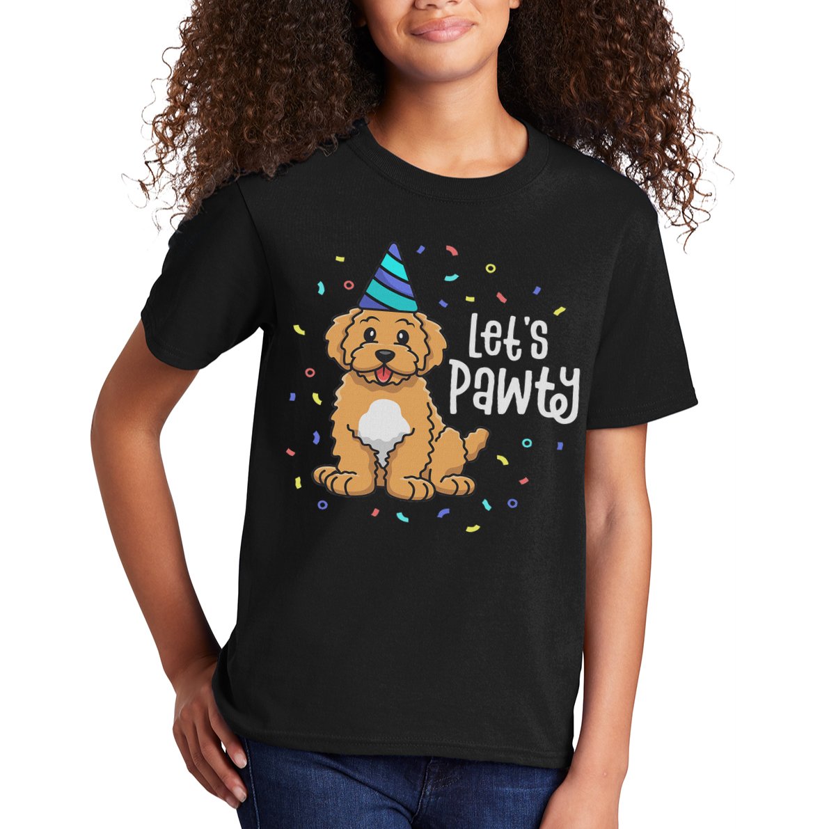 Lets Pawty Goldendoodle Dog Themed Birthday Party Outfit Kids T-Shirt