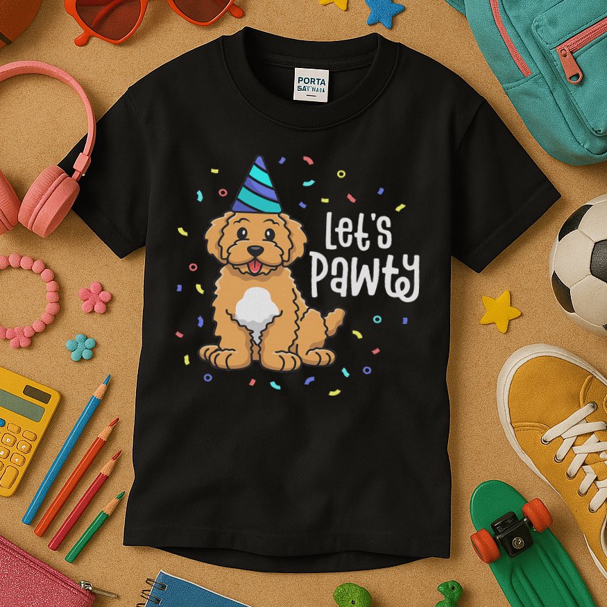 Lets Pawty Goldendoodle Dog Themed Birthday Party Outfit Kids T-Shirt