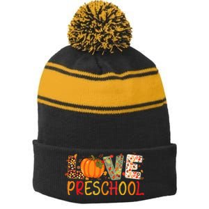 Love Preschool Happy Fall Thanksgiving Women Teacher Stripe Pom Pom Beanie