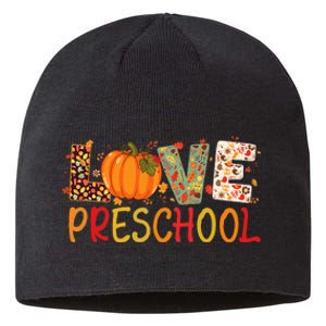 Love Preschool Happy Fall Thanksgiving Women Teacher Sustainable Beanie