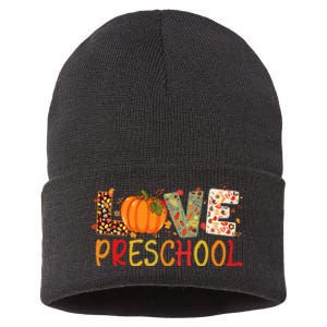 Love Preschool Happy Fall Thanksgiving Women Teacher Sustainable Knit Beanie