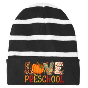 Love Preschool Happy Fall Thanksgiving Women Teacher Striped Beanie with Solid Band