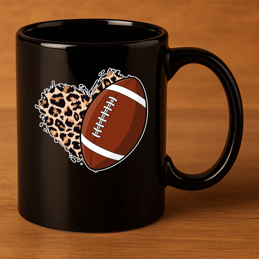 Leopard Print Heart Love Football Fan 11oz C Handle Ceramic Mug