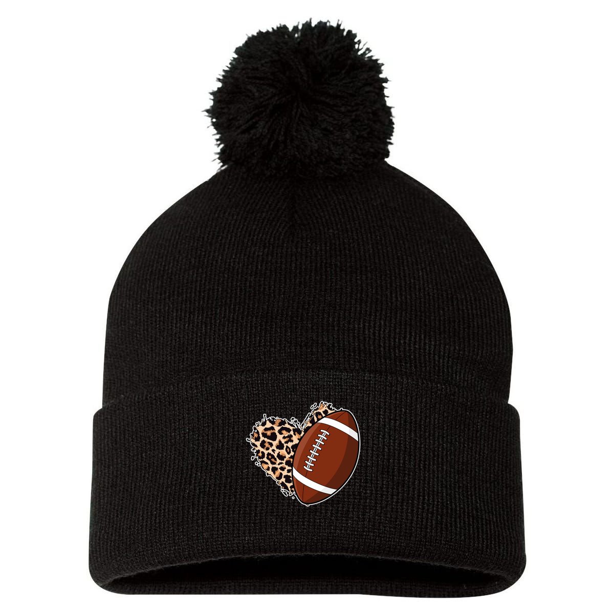 Leopard Print Heart Love Football Fan Pom Pom 12in Knit Beanie