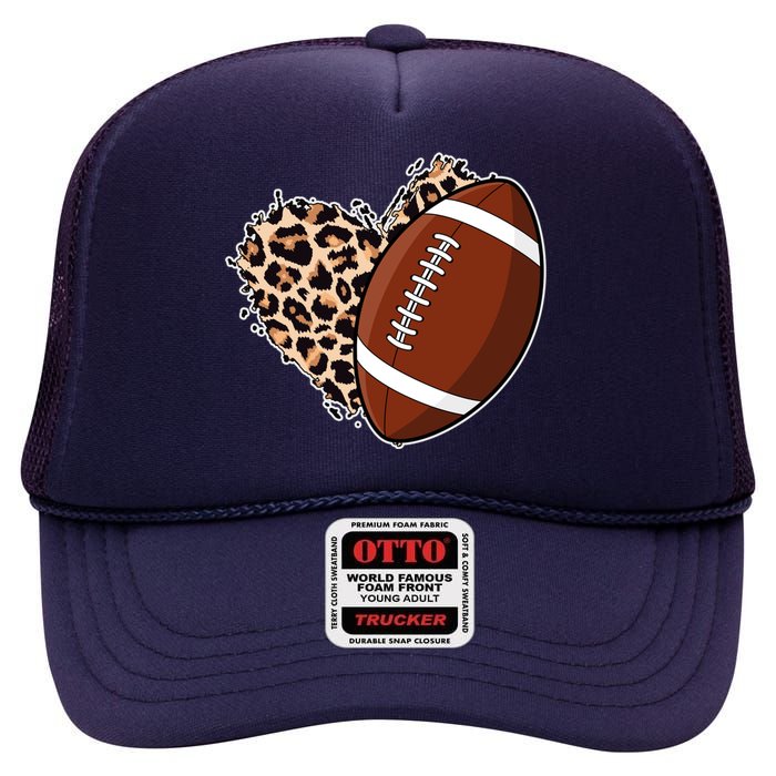 Leopard Print Heart Love Football Fan High Crown Mesh Back Trucker Hat