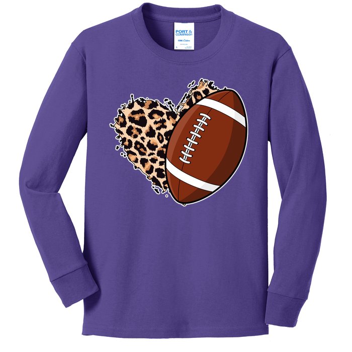 Leopard Print Heart Love Football Fan Kids Long Sleeve Shirt