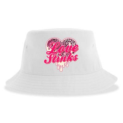 Leopard Pink Heart Love Stink Funny Anti Valentine Sustainable Bucket Hat