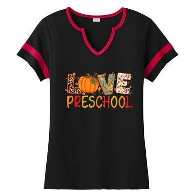 Love Preschool Happy Fall Thanksgiving Teacher Ladies Halftime Notch Neck Tee