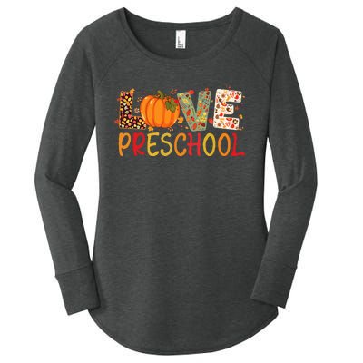 Love Preschool Happy Fall Thanksgiving Teacher Women's Perfect Tri Tunic Long Sleeve Shirt