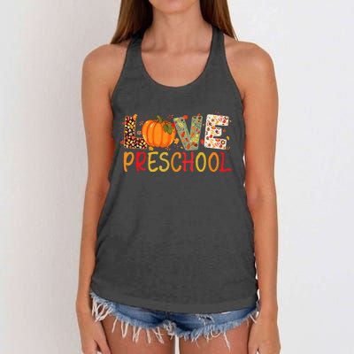 Love Preschool Happy Fall Thanksgiving Teacher Women's Knotted Racerback Tank