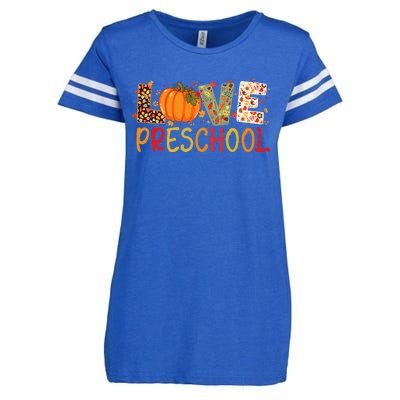 Love Preschool Happy Fall Thanksgiving Teacher Enza Ladies Jersey Football T-Shirt