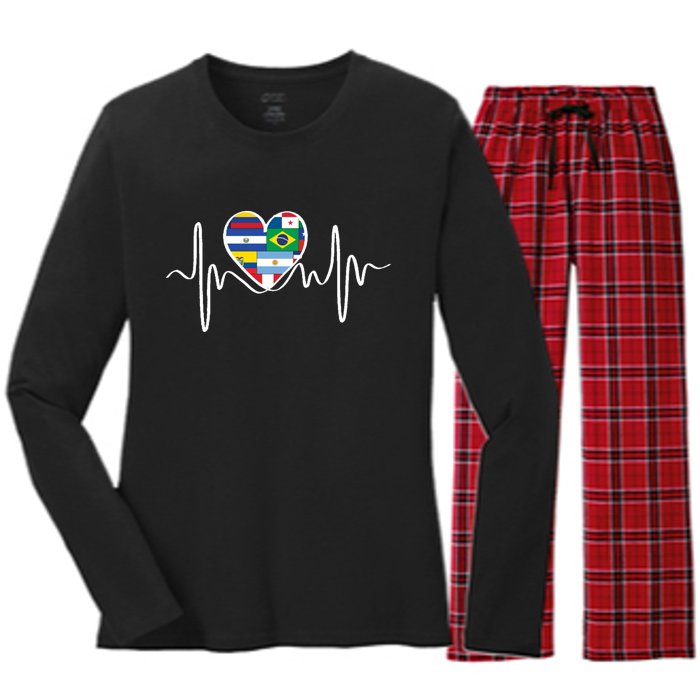 Latino Pulse Heart Hispanic Heritage Women's Long Sleeve Flannel Pajama Set 