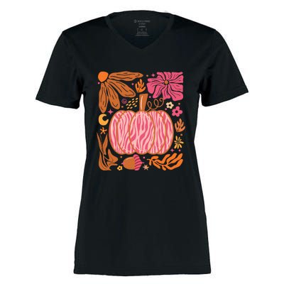 Leopard Pumpkin Halloween Season Autumn Retro Women's Momentum V-Neck T-Shirt