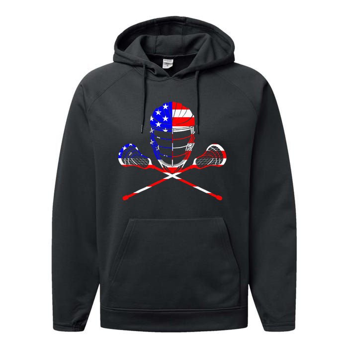 Lacrosse Player Independence Day Laxing Patriotic Lax Goalie Performance Fleece Hoodie