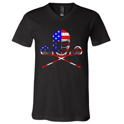 Lacrosse Player Independence Day Laxing Patriotic Lax Goalie V-Neck T-Shirt