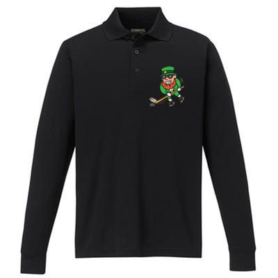 Leprechaun Playing Ice Hockey St Patricks Day Gift Performance Long Sleeve Polo