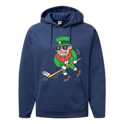 Leprechaun Playing Ice Hockey St Patricks Day Gift Performance Fleece Hoodie