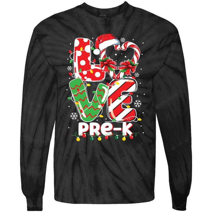 Love Pre K Teacher Christmas Funny Candy Cane Xmas Tie-Dye Long Sleeve Shirt