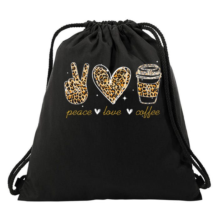 Leopard Peace Love Coffee Lovers Hippie Gifts Drawstring Bag