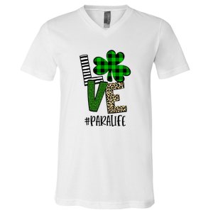 LOVE Paraprofessional Life St Patrick's Day Shamrock Leopard V-Neck T-Shirt