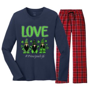 Love Principal Life Gnome Shamrock Saint Patrick's Day Women's Long Sleeve Flannel Pajama Set 