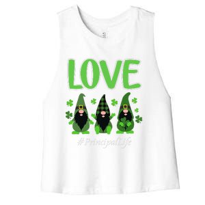 Love Principal Life Gnome Shamrock Saint Patrick's Day Women's Racerback Cropped Tank