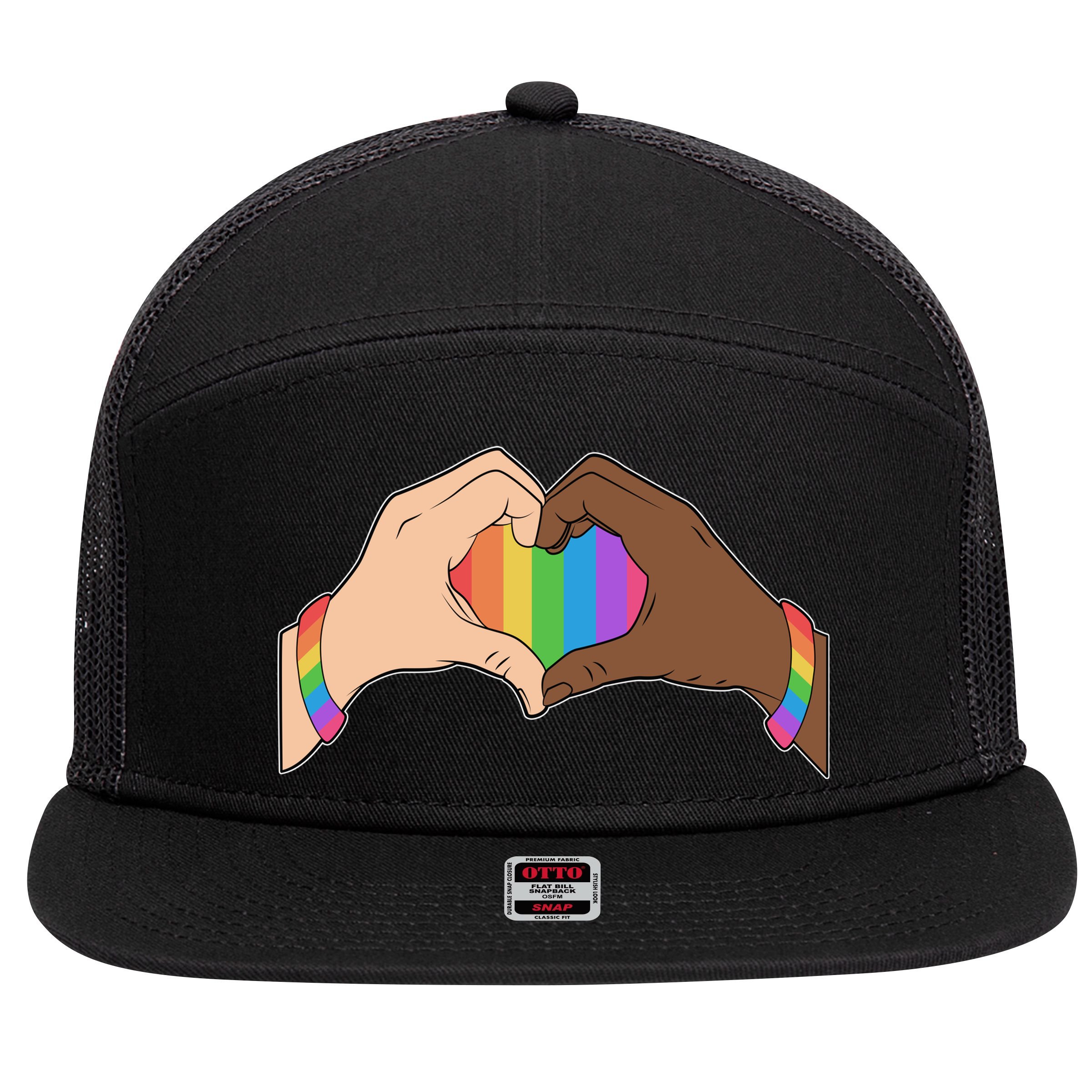 LGBT Pride Love Heart Hands 7 Panel Mesh Trucker Snapback Hat