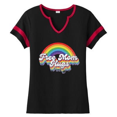 LGBT Pride Month Free Mom Hugs Rainbow Heart LGBT Flag Ladies Halftime Notch Neck Tee