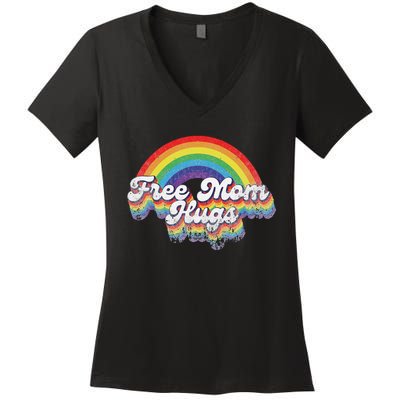 LGBT Pride Month Free Mom Hugs Rainbow Heart LGBT Flag Women's V-Neck T-Shirt