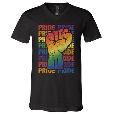 LGBT Pride Month Support With Rainbow Flag Fist V-Neck T-Shirt